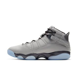 Mens high-top sneakers side view in metallic gray with black panels and light blue outsole