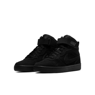 Black mid-top sneaker for youth, side profile view with Nike Swoosh
