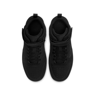 Black mid-top sneaker for youth, top view of laces and padded collar