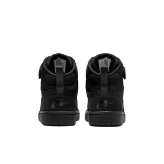Black mid-top sneaker for youth, heel and back view with Nike logo