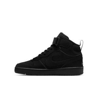Black mid-top sneaker for youth, front-side view with lace-up strap