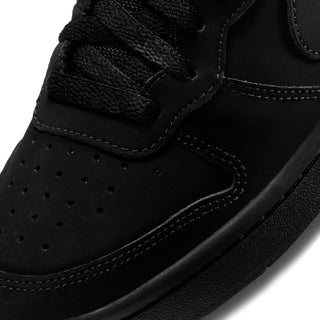 Black mid-top sneaker for youth, close-up of toe perforations and stitched Swoosh