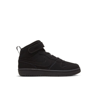 Kids black mid-top sneakers with hook-and-loop strap and lace-up front