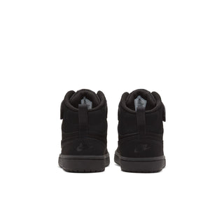 Kids black mid-top sneakers, rear view with heel tab and strap detail