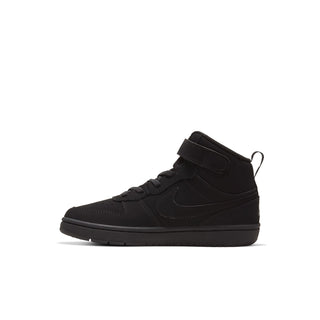 Kids black mid-top sneakers, angled side view with strap and swoosh