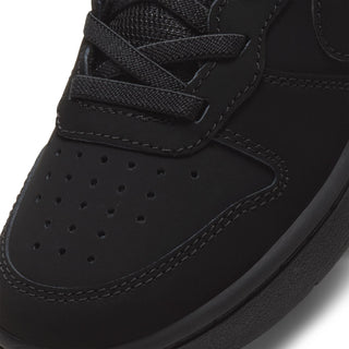 Kids black upper with perforated toe and stitched swoosh