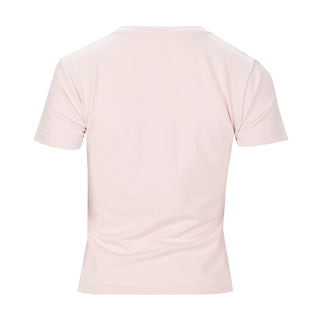 Women's baby tee in primrose light pink, back view with crew neck