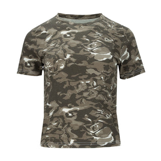 Women's camo baby tee, short-sleeve crew neck, front view