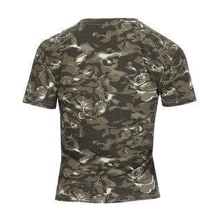 Women's camo baby tee, short-sleeve crew neck, back view