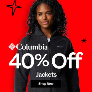 Woman wearing a Columbia jacket with a 40% off jackets promotion on a red background