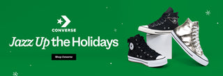 Converse shoes on a green background with 'Jazz Up the Holidays' text and Converse logo.