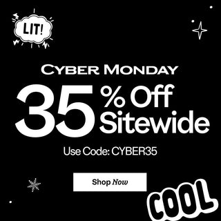 Cyber Monday sale advertisement with 35% off sitewide offer on a black background.