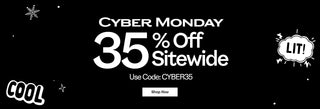 Cyber Monday sale banner with 35% off sitewide offer on a black background.