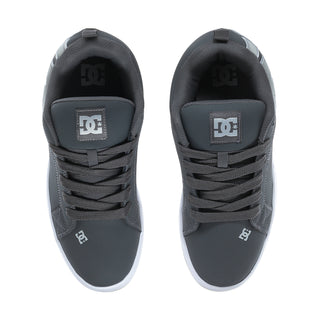 Men's charcoal DC skate sneakers with padded tongue and DC logo at heel