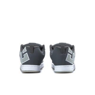 Men's charcoal DC skate sneakers, heel view with DC logo and white outsole