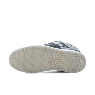 Men's charcoal DC skate sneakers, outsole view with DC star and traction tread