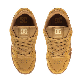 Pair of men's tan sneakers with DC logo tongues and lace-up eyelets