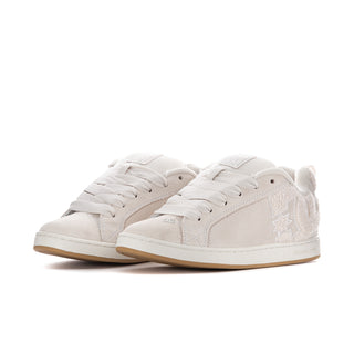 Women’s off-white lace-up sneakers, side star logo patch and textured gum sole.
