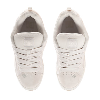 Women’s off-white sneakers with padded collars and lace-up closure, front interior view.