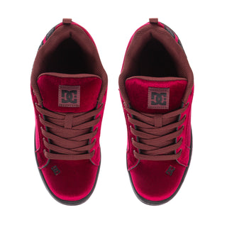 Women's maroon velvet sneakers front view of toe and lace-up collars with black lining