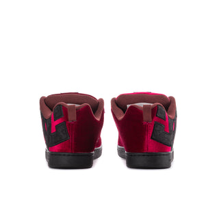 Women's maroon velvet court sneakers with black heel tabs and rubber outsoles