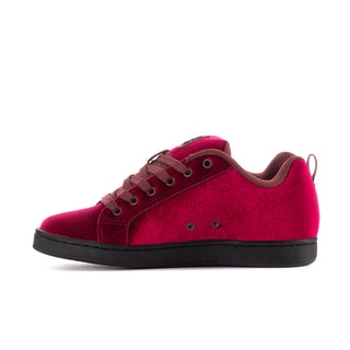 Women's maroon velvet lace-up court sneakers with black star detail and flat black sole