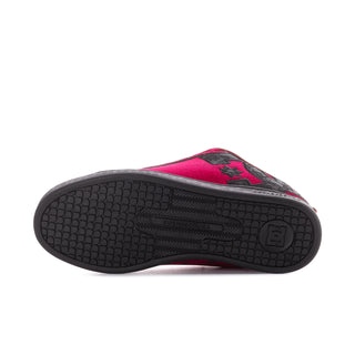 Women's maroon velvet court sneaker outsole with black star upper and textured tread
