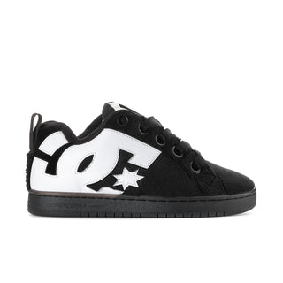 Men's DC low-top skate shoes, black suede with white logo star and side pattern