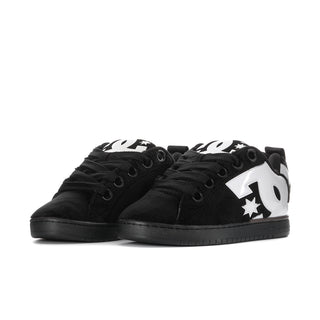 Men's DC low-top skate shoes, black with white DC and star graphics on uppers