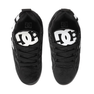Men's DC low-top skate shoes with white logo on tongue, black fabric upper and laces