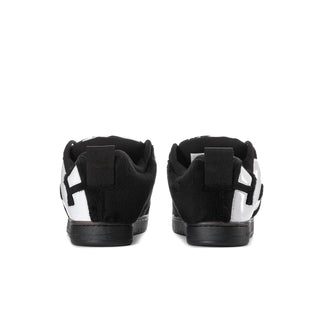 Men's DC low-top skate shoes, black heel with white side logos and back strap