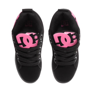 Black women's low-top sneakers with bubblegum pink heel logo and lace-up front