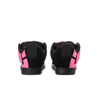 Black women's low-top sneakers with pink heel and side panel accents