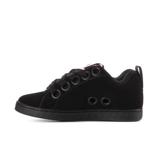 Black women's low-top sneakers with pink tongue and eyelet graphic