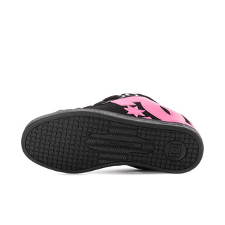Black rubber outsole of women's low-top sneakers with pink upper side detail