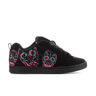 Women's black low-top sneakers with pink and turquoise sugar skull side graphic