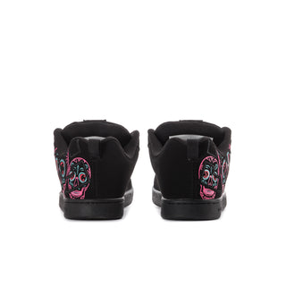 Women's black sneakers with pink and turquoise sugar skull heel tab and back panel