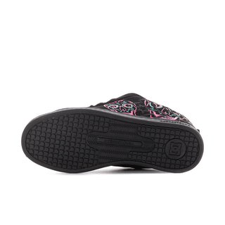 Women's black sneaker outsole with textured tread and sugar skull upper glimpse