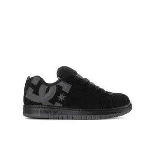 Youth black suede skate sneakers with DC logo and star accents, lace-up.