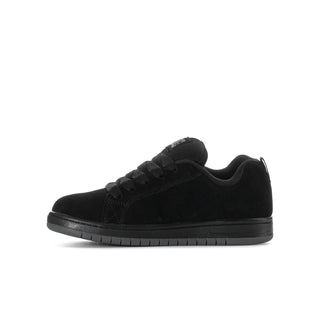 Youth black low-top skate sneakers with textured suede, lace-up front, rubber sole.