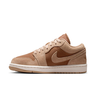 Women's Air Jordan 1 low-top sneakers, side view in tan suede and white sole
