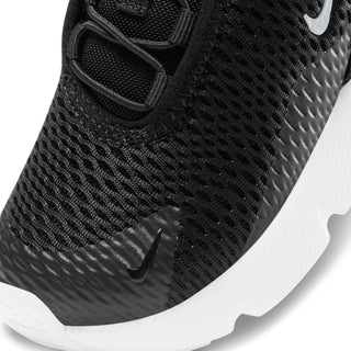 Toddler black Air Max 270 upper with textured knit, black laces, and white Swoosh