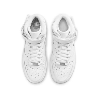 White youth mid-top sneakers, top view showing laces and perforated toe