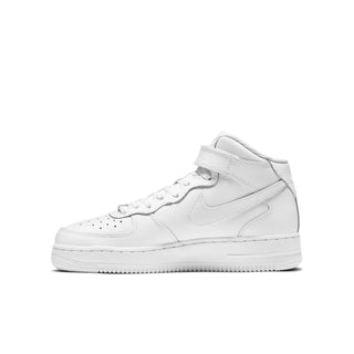 White youth mid-top sneakers, side view with swoosh and stitch details