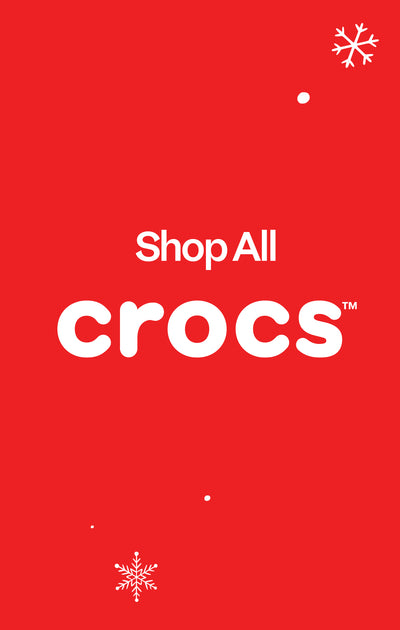 Red background with 'Shop All Crocs' text and snowflake graphics