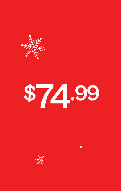Red background with white snowflake icons and a price of $74.99.