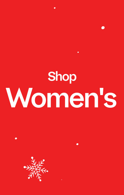 Red background with 'Shop Women's' text and snowflake design