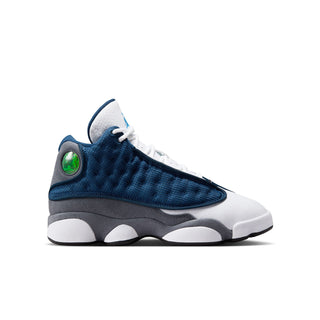 Youth retro basketball shoe in navy blue with white laces and gray sole accents