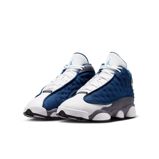 Youth retro basketball shoes, side view, navy knit upper with white laces and gray midsole