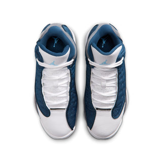 Youth retro basketball shoes, front view, white toe with navy textured overlays and laces